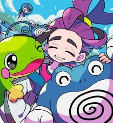  1boy ^_^ arms_up black_hair blue_sky closed_eyes clouds commentary_request grin highres jacket kieran_(pokemon) male_focus off_shoulder one_eye_closed open_clothes open_jacket open_mouth outdoors pokemon pokemon_(creature) pokemon_sv politoed poliwag poliwhirl poliwrath purple_hair red_tank_top signature sky smile tank_top water yoshishi_(yosisitoho) 