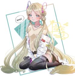  1girl bindi blonde_hair coat earrings goslingwallows green_eyes heaven_burns_red highres indian indian_text jewelry long_hair sitting solo thigh-highs triangle_earrings vritika_balakrishnan wariza white_coat 