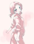  clenched_hands fist looking_back low_twintails monochrome open_mouth pants pink saki simple_background sleeves_pushed_up sleeves_rolled_up solo sweater takei_hisa tokumi_yuiko track_jacket twintails 