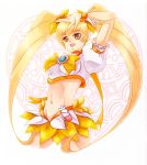  an_mochigusa artist_request bad_id blonde_hair cure_sunshine dress hair_ribbon heart heartcatch_precure! long_hair magical_girl midriff myoudouin_itsuki navel orange_dress precure ribbon skirt solo twintails v victory_pose white_background yellow yellow_eyes 