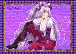  &gt;:) adapted_costume animal_ears bangs bell boots bow breasts buckle choker cleavage collar collarbone fujiwara_no_mokou hair_bow jingle_bell leg_up long_hair looking_at_viewer mouse_ears mouse_tail nail_polish pants ponytail purple red_eyes shirt silver_hair sitting smirk solo straight_hair striped tail touhou very_long_hair yuuka_nonoko 