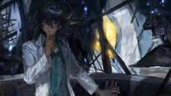  1boy black_hair blue_eyes blue_shirt control_panel_overlay dragon dress_shirt duel_monster facial_mark facing_to_the_side finger_to_mouth fudo_yusei highres implied_murder industrial_pipe jacket lab_coat looking_at_viewer looking_inside male_focus mokopuru open_clothes open_jacket outdoors outstretched_arm rubble shirt source_request spiky_hair stardust_dragon truss yellow_eyes yu-gi-oh! yu-gi-oh!_5d's 