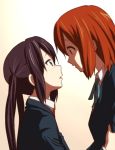  arm_grab black_hair blazer blush brown_eyes brown_hair eye_contact female hirasawa_yui incipient_kiss k-on! long_hair looking_at_another love multiple_girls nakano_azusa profile school_uniform short_hair simple_background twintails yuri zasshu_tamashii 