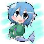  1girl blue_eyes blue_hair chibi gradient gradient_background hands_in_sleeves head_fins japanese_clothes kimono looking_up mermaid monster_girl open_mouth short_hair simple_background solo touhou twumi wakasagihime 