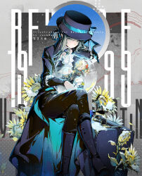  1boy 3girls ascot avgust_(reverse:1999) black_coat black_footwear black_hat black_pants blue_bow boater_hat boots bow bubble chibi chibi_inset coat crossed_legs flower foot_out_of_frame grey_background grey_eyes grey_hair hair_bun hat hat_bow head_down highres holding_bubble jacknavy knee_boots long_sleeves looking_at_object mini_person miniboy minigirl multiple_girls pants pixel_text reverse:1999 shirt short_hair single_side_bun sitting snow solo_focus suitcase sunflower vertin_(reverse:1999) vila_(reverse:1999) white_ascot white_shirt windsong_(reverse:1999) yellow_flower 