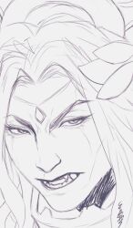  1boy blood_angels close-up commentary enerisart english_commentary fangs forehead_jewel highres jewelry laurel_crown lineart long_hair looking_at_viewer male_focus monochrome open_mouth portrait primarch sanguinius sharp_teeth simple_background sketch solo teeth warhammer_40k 