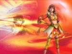  armored bow brown_hairthigh-highs dynasty_warriors gloves green_eyes jewelry koei sangoku_musou shield solo sun_shang_xiang wallpaper warrior weapon 