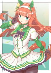  1girl absurdres animal_ears aqua_eyes black_gloves black_skirt ear_covers flova11 gloves green_eyes green_sailor_collar hair_ornament hairband highres horse_ears horse_girl horse_tail light_blush long_hair looking_at_viewer open_mouth orange_hair pantyhose pleated_skirt sailor_collar silence_suzuka_(umamusume) skirt smile solo tail umamusume 
