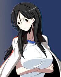  black_hair breast_hold breasts breasts_hold brown_eyes crossed_arms fukiyose_seiri gym_uniform jacket_on_shoulders kichi8 large_breasts long_hair to_aru_majutsu_no_index 