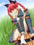  :p animal_ears armor bare_shoulders blush bracer braid breasts bridal_gauntlets capcom cat_ears cosplay fishnets hair_ribbon kaenbyou_rin lying midriff monster_hunter nargacuga_(armor) naruga_(armor) navel red_eyes red_hair redhead ribbon sitting solo teeth thighhighs tongue touhou twin_braids yoou_(artist) 