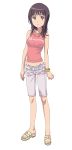  1girl bracelet breasts brown_eyes casual face female highres itsuwa jewelry midriff navel necklace purple_hair sandals short_hair smile_(rz) solo standing to_aru_majutsu_no_index 