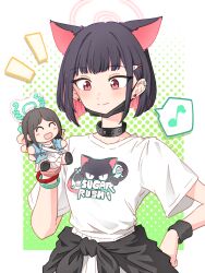  2girls :d ^_^ absurdres airi_(band)_(blue_archive) airi_(blue_archive) animal_ears animal_print aqua_bow aqua_halo armband black_armband black_collar black_hair black_mask blue_archive blunt_bangs blunt_ends blush_stickers border bow breasts cat_ears cat_girl cat_print character_doll chibi closed_eyes closed_mouth clothes_around_waist collar collarbone colored_inner_animal_ears colored_inner_hair commentary_request cowboy_shot dot_nose earrings english_text extra_ears eyes_visible_through_hair green_background hair_behind_ear hair_bow hair_ornament hairclip halo hand_on_own_hip hariyaa heart-shaped_mouth highres holding jacket jacket_around_waist jewelry kazusa_(band)_(blue_archive) kazusa_(blue_archive) laurel_crown light_blush long_eyelashes looking_at_object mask mask_around_neck multicolored_hair multiple_girls musical_note notice_lines official_alternate_costume outline outside_border pink_eyes pink_hair pink_halo pleated_skirt red_eyes sanpaku screentones shirt short_hair simple_background skirt slit_pupils small_breasts smile solo_focus speech_bubble spoken_musical_note t-shirt tsurime white_border white_outline white_shirt white_skirt wristband 