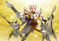  absurdres caking cape clenched_hand glowing glowing_eyes henshin_belt_gavv highres holding holding_sword holding_weapon kamen_rider kamen_rider_gavv kamen_rider_gavv_(series) male_focus otokamu pointing_melee_weapon pointing_sword polearm sparkle spear sword tabard weapon whip_soldier white_cape white_tabard yellow_background 