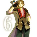  bad_id brown_eyes brown_hair facial_hair gloves male malik_caesars number solo stubble tales_of_(series) tales_of_graces three_plates weapon white_background 