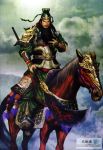  animal armored beard boots cloak dynasty_warriors gloves guan_yu hat headdress hero horse knight koei male riding sangoku_musou shield sky spear warrior weapon 