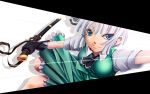  &gt;:) ascot black_gloves blue_eyes bob_cut bow breasts gloves hair_bow impossible_clothes impossible_clothing impossible_shirt katana konpaku_youmu looking_at_viewer scabbard sheath sheathed shirt silver_hair skirt slashing smile solo sword touhou uraomote vest weapon 
