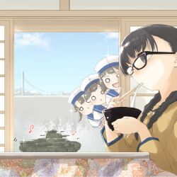  4girls adapted_costume black_eyes black_hair blue_sailor_collar commentary_request daitou_(kancolle) dress eating fyuo hat hiburi_(kancolle) highres kantai_collection kotatsu landing_ship_no._101_(kancolle) long_hair military_vehicle motor_vehicle multiple_girls o_o sailor_collar sailor_dress sailor_hat short_ponytail short_sleeves shounan_(kancolle) table tank twintails white_dress white_hat 