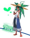  chiba_tsuru copyright_request dark_skin green_hair hat highres lighter marijuana overalls personification slippers smoking straw_hat weed 