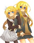  arm_hug blonde_hair blue_eyes blush casual colored hair_ornament hairclip jacket kagamine_rin lily_(vocaloid) multiple_girls pantyhose scarf semaru serafuku simple_background skirt smile sweatdrop sweater_vest vocaloid 