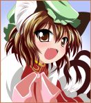  animal_ears bow brown_eyes brown_hair cat_ears cat_tail chen fang hat highres nekorin short_hair solo tail touhou 