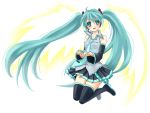  ahoge aqua_eyes aqua_hair detached_sleeves hatsune_miku headset kneeling long_hair necktie simple_background skirt smile solo thigh-highs thighhighs twintails very_long_hair vocaloid wings yayoi_(egoistic_realism) 