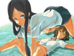  akiyama_mio all_fours bad_id barefoot black_hair blue_eyes breasts brown_eyes brown_hair cleavage k-on! long_hair lying multiple_girls nuezou on_back school_uniform short_hair skirt tainaka_ritsu water wet 