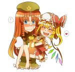  ! 2girls :d bandages blonde_hair blue_eyes blush bow bust carrying closed_eyes fang flandre_scarlet flower happy hat heart hong_meiling long_hair multiple_girls open_mouth pote red_hair redhead side_ponytail simple_background smile spoken_heart the_embodiment_of_scarlet_devil touhou wings 