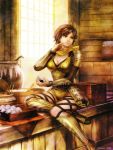  belt breast brown_hair eating food koei nene samurai samurai_warriors sengoku_musou shield short_hair shorts solo sunlight thigh_highs window 