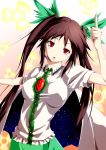  :o alternate_hairstyle bow breasts brown_hair cape hair_bow head_tilt highres long_hair open_mouth pointing radiation_symbol raid_zero red_eyes reiuji_utsuho solo touhou twintails 