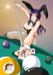  billiards blush breasts bunny_ears bunny_girl bunny_tail bunnysuit cleavage collar cue_stick fishnet_pantyhose fishnets foreshortening large_breasts ookura_miyako pantyhose ponytail pool_table protagonist_(tokimemo) purple_hair red_eyes solo tail tawake tokimeki_memorial tokimeki_memorial_4 wink wrist_cuffs 