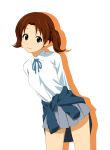  brown_hair extra fukuoka_katsumi k-on! leaning nojima_chika pleated_skirt school_uniform short_hair simple_background skirt smile sweater_around_waist twintails 