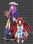  2girls alternate_costume book cigarette hat head_wings koakuma long_hair mamedenchi multiple_girls patchouli_knowledge purple_eyes purple_hair red_eyes red_hair redhead stuffed_toy the_embodiment_of_scarlet_devil touhou very_long_hair violet_eyes wings young 