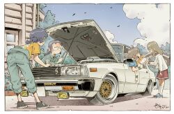  4girls ahoge animal bent_over black_footwear blue_footwear blue_shirt border braid building bush car clouds commission dog falling_leaves glasses grey_hair hair_ornament house jumpsuit jumpsuit_around_waist leaf low_twintails mechanic mirrored_text motor_vehicle multiple_girls original outdoors purple_hair red_skirt round_eyewear sekihan shirt shoes short_twintails signature skeb_commission skirt socks twintails wheel white_border white_footwear wind wristband yellow_shirt 