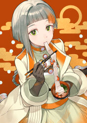  1girl asymmetrical_bangs asymmetrical_hair black_footwear black_gloves blunt_ends bowl braid cherico chis-a chopsticks coat dress eating egasumi eyelashes fingerless_gloves fingernails from_above gloves green_dress green_eyes grey_hair hair_intakes highres holding holding_bowl holding_chopsticks holding_with_chopsticks holographic_footwear iridescent long_hair long_sleeves looking_at_viewer looking_up multicolored_hair musical_note musical_note-themed_food open_clothes open_coat orange_hair plain_epaulettes platform_footwear red_background second-party_source single_braid sitting sleeves_rolled_up solo staff_(music) two-tone_hair voisona wariza yellow_coat yellow_nails zouni_soup 