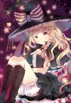  alternate_costume blonde_hair bloomers boots bow braid capelet cross-laced_footwear domotolain hand_on_hat hat kirisame_marisa lace-up_boots long_hair ribbon sitting smile solo star touhou witch witch_hat yellow_eyes 