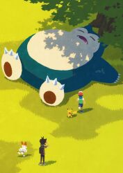  2boys ash_ketchum backpack bag baseball_cap black_bag black_footwear black_hair black_pants blue_footwear blue_shorts blue_vest claws closed_eyes fangs from_behind full_body goh_(pokemon) grass green_bag grey_footwear grey_shirt hat hyogonosuke lying multiple_boys official_art on_back on_grass open_mouth pants pikachu pokemon pokemon_(anime) pokemon_(creature) pokemon_journeys red_hat scorbunny shade shirt short_hair shorts sleeping snorlax standing third-party_source tree vest white_shirt 
