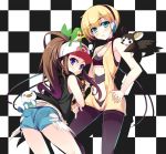  aqua_eyes ass bare_shoulders black_pantyhose blonde_hair blue_eyes breasts brown_hair cable checkered checkered_background cleavage gym_leader headphones highres kamitsure_(pokemon) long_hair multiple_girls nasudora oshawott pantyhose pokemon pokemon_(game) pokemon_black_and_white pokemon_bw ponytail shorts snivy tepig touko_(pokemon) wire 