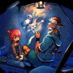  blue_eyes bow_(artist) bow_(bhp) bread child facial_hair food highres lamp magic old_man original red_hair sitting smile stuffed_toy tent 