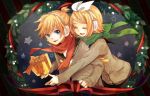  1boy 1girl alternate_costume blonde_hair blue_eyes bow boy boy_and_girl christmas female gift girl hair_bow hairclip headphones headset highres kagamine_len kagamine_rin male nail_polish necktie open_mouth ponytail present ribbon scarf star sweater tama_(songe) vocaloid wreath 