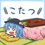  :d blue_hair chibi food fruit hinanawi_tenshi kotatsu long_hair mandarin_orange mikan o_o open_mouth peach smile solo table touhou translated translation_request yamabuki_(yusuraume) 
