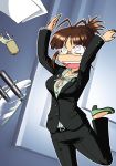  @_@ akizuki_ritsuko anger_vein angry antenna_hair breasts brown_eyes brown_hair business_suit cleavage formal glasses high_heels idolmaster idolmaster_2 mikagushinutsu motion_lines open_mouth pant_suit pants paper ragequit shoes solo suit table table_flip teacup tears 