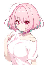 1girl absurdres ahoge aqua_hair belt belt_collar blush breasts choker collar collarbone colored_inner_hair commentary_request eyebrows eyebrows_visible_through_hair eyelashes green322 heart-shaped_lock heart_collar highres huge_breasts idolmaster idolmaster_cinderella_girls idolmaster_cinderella_girls_starlight_stage index_finger_raised looking_at_viewer medium_hair multicolored_hair pink_belt pink_choker pink_collar pink_eyes pink_hair pointing pointing_at_self shirt short_sleeves simple_background solo t-shirt two-tone_hair white_background white_shirt yumemi_riamu