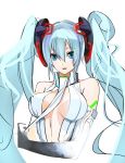  aqua_hair bare_shoulders blue_eyes breasts bust center_opening cleavage elbow_gloves gloves hatsune_miku hatsune_miku_(append) light_smile long_hair mechanical_parts miku_append necktie open_mouth pupps simple_background smile solo twintails very_long_hair vocaloid vocaloid_append white_background 