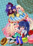  blonde_hair blue_hair brown_eyes cake chibi flower food hairband long_hair macaron macross macross_frontier macross_frontier:_itsuwari_no_utahime macross_frontier:_the_false_diva necktie ponytail saotome_alto sheryl_nome tamari_(flawless) thigh-highs thighhighs wink 