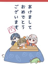  3girls :d :o blanket blue_eyes blue_hair blue_ribbon blue_sweater bob_cut braid bright_pupils brown_hair center-flap_bangs chibi chibi_only closed_eyes closed_mouth commentary_request dark_blue_hair diagonal_bangs dollchestra food fruit gonzales_(love_live!) grey_hair hair_ornament hair_ribbon happy_new_year highres holding holding_blanket holding_food holding_fruit inverted_bob kachimachi_kosuzu kotatsu link!_like!_love_live! long_hair love_live! low_twintails mandarin_orange multicolored_hair multiple_girls murano_sayaka official_alternate_costume open_mouth pink_eyes red_happi redhead ribbon sakari_(pear_8_ll) short_hair side_ahoge side_braids simple_background sleeping_on_desk smile split_mouth stack star_(symbol) star_hair_ornament straight_hair streaked_hair stuffed_animal stuffed_duck stuffed_toy sweater table translation_request twintails virtual_youtuber white_background white_pupils yugiri_tsuzuri 