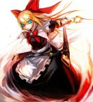  1girl apron belt black_dress blonde_hair blue_eyes bow brooch capelet dress dual_wielding glowing glowing_eyes goliath_doll hair_bow jewelry katana long_hair long_sleeves looking_at_viewer outstretched_arms scabbard sheath solo spark621 sword touhou waist_apron weapon 