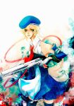  beret blazblue blonde_hair bolverk detached_sleeves dress dual_wielding green_eyes gun handgun hat necktie noel_vermillion prodigy_bombay prodigybombay short_hair solo thigh-highs thighhighs weapon 