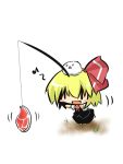  bad_id blonde_hair blush_stickers bow chibi fang fishing_rod food gomasamune hair_bow kedama meat ribbon rumia simple_background skin_fang the_embodiment_of_scarlet_devil touhou youkai 