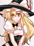  alternate_costume blonde_hair blush bow braid breasts cleavage face hair_bow hat k2isu kirisame_marisa long_hair smile solo touhou v_arms witch witch_hat yellow_eyes 