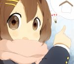  brown_hair face hirasawa_yui house k-on! lightbulb nasuna pointing scarf school_uniform short_hair 